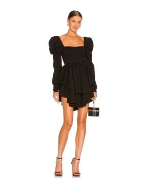 SELKIE Black Puff-Sleeve Tiered Mini Dress